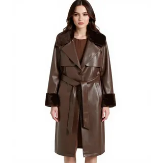 nachhaltiger Damen Lederimitat-Mantel mit Kunstfell Kragen Kunstleder-Jacke Herbst-Mantel 930388 Braun - 46