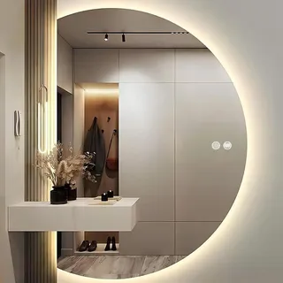 Mbbpftse Halbrund Spiegel mit Beleuchtung, Asymmetrischer Wandspiegel mit 3 Farbmodi, Antibeschlag Badezimmerspiegel, Touch-Sensor, Rahmenlos für Bad, Schlafzimmer, Flur (77 * 110cm)