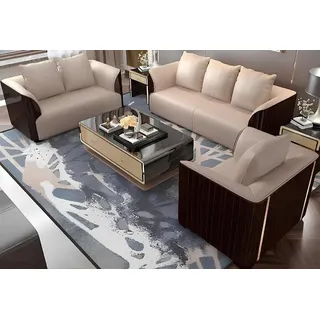 Xlmoebel Polstergarnitur Klassische Holz-Leder-Garnitur für elegantes Wohnen, (2-tlg., Sofagarnitur 3+2 Sitzer), Hergestellt in Europa beige