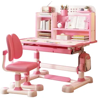 yoakaiax Kinder-Schreibtisch- und Stuhl-Set, höhenverstellbar, Kinderschreibtisch mit Stuhl, Kinderschreibtische und Chaira-Set mit Sitzkorrektur, ergonomischer Schreibtisch-Chaira mit Buchständer