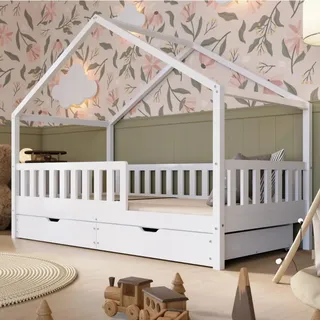 Crazy Pine Hausbett mit Schubladen 140x200 cm – Kinderbett aus Naturholz in Weiß mit Rausfallschutz – Montessori Bodenbett mit zusätzlichen Stauraum und und Abnehmbarer Barriere - Crazy House