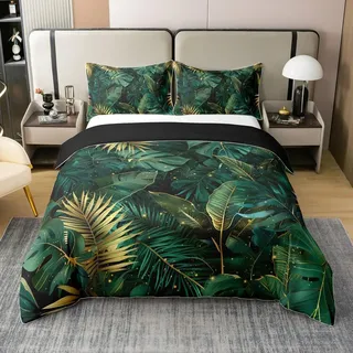 Homewish Blätter 100% Baumwolle Bettbezug Natur Botanische Bettwäsche Set 155x220 für Jungen Mädchen Rustikale Tropische Pflanzen Frühling Gold Grün Tröster Abdeckung Weich Atmungsaktive Bett Set