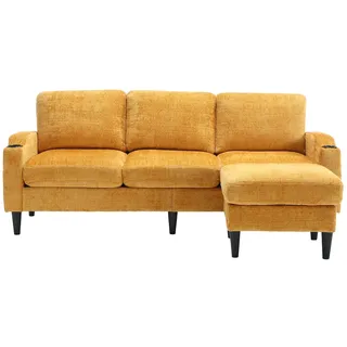 Gelbes 4-Sitzer Sofa mit Hocker Chenille Bezug modular Stauraum Armlehnen Getränkehalter Seitentaschen 70x190cm