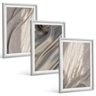 BILDER SET 3er Set - 40x60 cm Silberner Rahmen - Nahaufnahme von natürlichen Boho-Stoffen