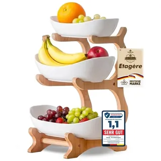 VANEJA® Obst Etagere 3 stöckig WEISS KERAMIK mit Bambusständer, Servierständer für Obst Snacks Gebäck, elegante Schalenständer Obstschale modern für Küche und Wohnzimmer