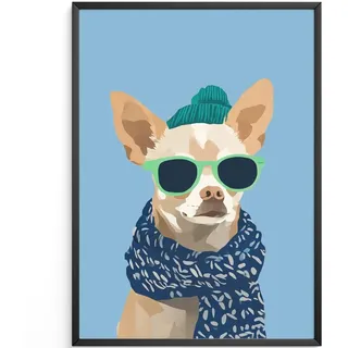 MJ-GRAPHICS® Poster Chihuahua Kunstdruck modern Wandbild bunter Hund Deko Illustration Comic Stil blau grün Wohnzimmer Wanddeko grafisch einzigartig trendy A4 ohne Rahmen