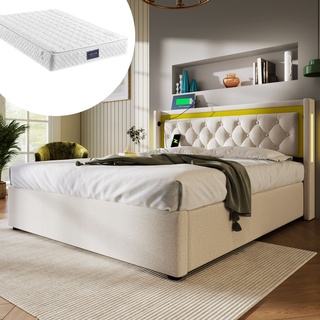 okwish Polsterbett 160x200 cm, LED-Bett, Bettkasten mit Stauraum, Kopfteil mit USB-Typ-C-Aufladung, Lattenrost, hochwertiges Heimsparbett aus Baumw...