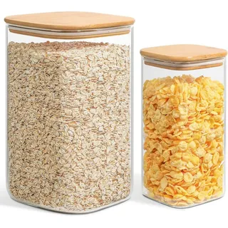 LuxusKollektion Gläser-Set Luftdichte Vorratsdosen 2er Set Keksglas Eckig Holzdeckel