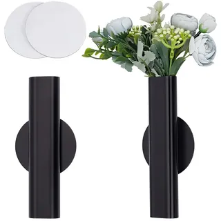 OLYCRAFT 2 Set 18cm Wand Blumenröhre Schwarz Oben/Unten Offen Wandvase Aus Metall Blumenröhren Dekorationshalter Mit 2 Bögen Doppelseitigem Klebeband Für Blumendekoration Zu Hause