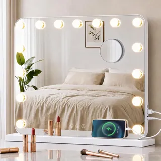 SONGMICS Hollywood Schminkspiegel mit Beleuchtung, 15 LEDs, Dimmbar – Größe 48L x 58B cm