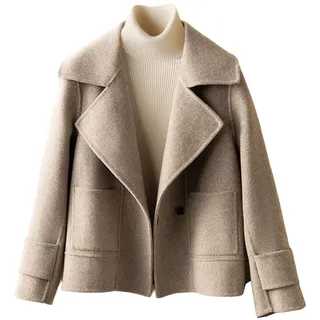 LIEROLYE Kurzer Damen-peacoat Aus Wolle mit Gekerbtem Revers, Verkürzter Trenchcoat mit Taschen, Warme Winterjacke mit Knöpfen(Khaki,L) - L