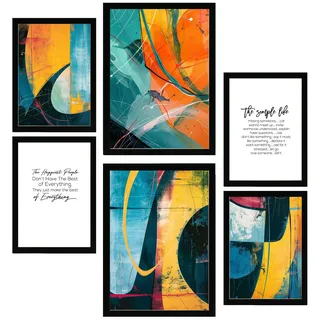 POSTER Set Mit 6 Abstrakte Farben Gelb Orange Blaue Formen A3 & A4 Schwarzer Rahmen