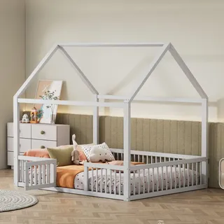 Flieks Kinderbett Bodenbett 140x200cm mit Tür, Hausbett Kinderbett mit Lattenrost, Holzbett Doppelbett Kinderzimmer, Weiß - Weiß