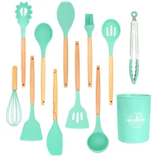 Intirilife 12-teiliges Küchenutensilien Set Küchenhelfer aus Silikon in Grüntürkis - 12.5 x 32.5 cm - Antihaft Hitzebeständiges Kochbesteck mit Löffel Schneebesen Pfannenwender Pinsel Schöpfkelle