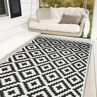 Hiseng Outdoor Teppich Wetterfest, Camping Teppich, Geometry Kunststoff Stroh Outdoorteppich, Wasserfest Balkon Terrasse Matte, Faltbar Rug Carpet für Garten RV Picknick (Schwarz Weiß,120x180cm)