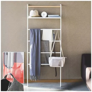 Yamazaki Garderobenständer Tower zum Anlehnen an die Wand 161cm schmal platzsparend mobil, Kleiderständer, Dekoleiter mit Regal, zum Anlehnen, 161cm weiß
