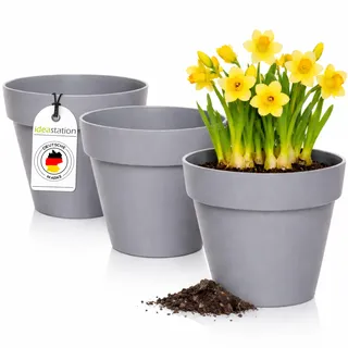 idea-station IBI Blumentopf Set 3 x 14 cm - grau - bruchsichere Blumentöpfe aus Plastik für verschiedenste Pflanzen, Blumen oder Kräuter - Matte Übertöpfe für innen und außen