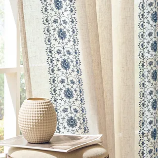 Vangao Gardinen Kurz Blumen Stickerei 2er Set 140B x 225Hcm Boho Blau Beige