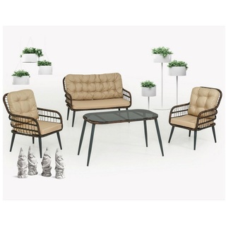 Capri Swing Gartenlounge-Set Rattan Lounge Gartenmöbel Set 4 Personen Bistroset mit Stühle & Bank braun