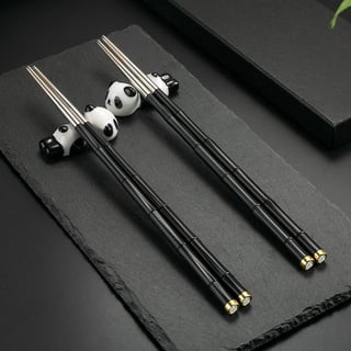 Schwarz Glasfaser Edelstahl EssstäBchen 2 Paars mit 2 Panda Keramik Essstäbchen Auflagen ,Sushi Stäbchen Chopsticks Wiederverwendbare EssstäBchen Waschbar FüR GeschirrspüLerc mit Geschenkbox