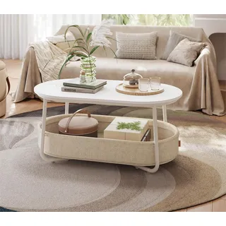 VASAGLE Couchtisch oval, Wohnzimmertisch, modern, mit Stoffkorb, skandinavisches Design (inkl. Zubehörpaket & Anleitung), Beistelltisch, stabil, für Wohnzimmer, 55 x 100 x 45,7 cm braun|weiß
