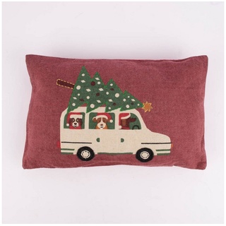 SCHÖNER LEBEN. Dekokissen Deko Kissen Auto Weihnachtsbaum und Hunden Filzoptik rot creme grün 3 braun|grün|rot|schwarz