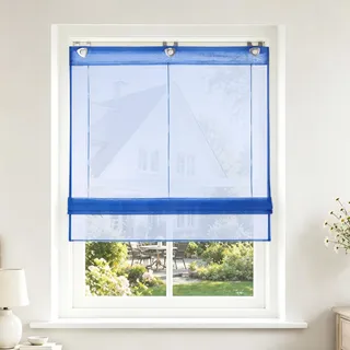 Joyswahl Voile Raffrollo ohne Bohren Raffgardine Ösen Hanna Blau 100x150 | Mit Hakenaufhängung, Unifarbige Vorhänge, 1er Pack, Schals Fenster Gardine, Ösenrollo mit Haken, Fensterrollo innen