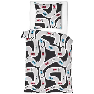 JACK Kinderbettwäsche JACK Renforcé Kinder Bettwäsche 2 tlg. 135x200cm Rennwagen Auto Bunt, Renforcé, 2 teilig, 135x200cm, Baumwolle, Kinderzimmer, Rennen, Reißverschluss grau