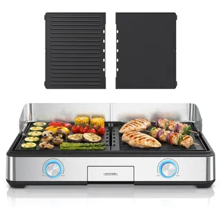 Arendo - Tischgrill elektrisch mit 2 Grillzonen - Electric grill 2 Thermostate - Elektrogrill Edelstahl – 2800W Leistung – Antihaft-Beschichtung –Spritzschutz – Für Balkon Küche Terrasse Garten