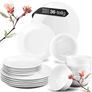 Moritz & Moritz Geschirrset 12 Personen – Geschirr Set aus Porzellan Weiß – 36-tlg. Teller Set mit 12x Speiseteller, Dessertteller & Müslischale – Serie Basic