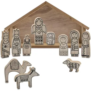 Spetebo Krippenstall und Figuren aus Holz Natur, 12-teilig | Weihnachtskrippe mit Stall, 11 Holzfiguren, Tischkrippe, Jesu Geburt Weihnachtsdeko