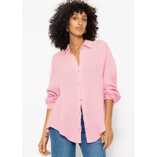 SASSYCLASSY Longbluse Oversize Musselin Bluse Damen kurz Langarm Elegant Hemdbluse lang aus Baumwolle mit V-Ausschnitt, One Size (Gr. 36-48) beige|rosa