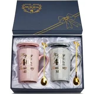 Kaffeetassen Set 2er 40. Hochzeitstag Keramik Marmor 14oz mit Löffel und Deckel