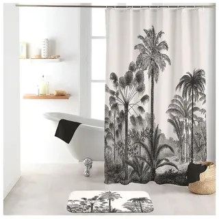 Sanixa Duschvorhang waschbar Badewannenvorhang Vorhang hochwertige Qualität mit Metallösen Breite 180 cm, Duschvorhang Textil 180x200 cm grau Palmen Strand wasserabweisend grau|schwarz