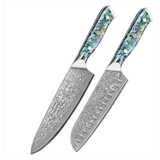 KingLux Messer-Set 2 Teilig Profi Küchenmesser Damaszener Stahl Abalone-Muschel Griff (2-tlg) grün