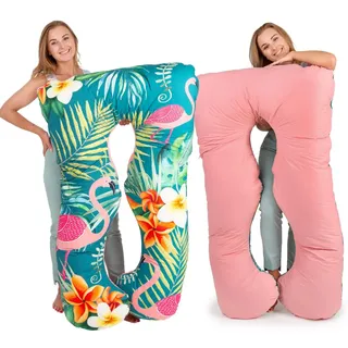 MAKOSAS KomfortKissen ORIGINAL - Premium Kuschelkissen | Körperkissen | Seitenschläferkissen - Für besseren Schlaf, 100 x 150 cm (Flamingo - Baumwolle)