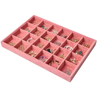 24 Grids Samt Schmucktablett für Schublade, Schmuckaufbewahrung Stapelbar Schmuck Organizer, Schubladeneinsatz Aufbewahrungssystem Schmuck Tablett für Ohrringe Ringe Ketten Armband, 35x24x3cm (Rosa)