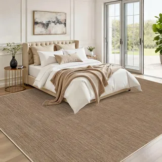 LuxFocus Jute-Look Teppich Innen/Außen 240×340 cm, einfarbiger moderner Teppich mit Rutschfester Unterseite, waschbarer flachfloriger neutraler Dekoteppich für Wohnzimmer, Schlafzimmer, Warmbraun