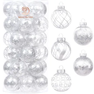 Sea Team 60 mm/2,36 Zoll bruchsicherer, durchsichtiger Kunststoff-Weihnachtskugel-Ornament-Set mit Glitzermalerei, transparent, durchsichtig, Kristallkugeln, Weihnachtsbaumschmuck (30 Stück)