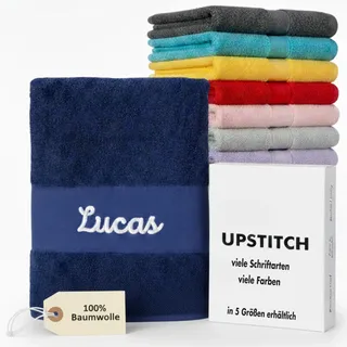 Upstitch Studios Handtuch mit Namen oder Wunschtext Bestickt, personalisiertes Duschtuch, individuelles Badetuch, 100% Baumwolle, 30x50cm, 50x100cm, 140x70cm, 80x200cm, 100x210cm (Navy, 30 x 50cm)