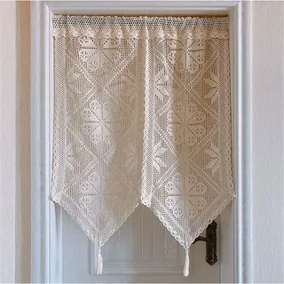 champracer Häkelgardine Landhausstil, Scheibengardine Bistrogardine Landhausstil Vintage Halbe Gardinen Fenster, Weihnachten Scheibengardinen Leinen Boho Küchengardinen Mit Fransen (BxH 85x70 cm)
