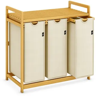 ADEL DREAM AdelDream Wäschekorb 150L, 3 Fächer Wäschesammler mit Ablage, Bambusrahmen