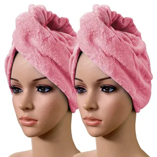 Tiga-Med 2er Set Haarturban pink Turban Handtuch mit Knopf Fleece Handtuch Kopfhandtuch für alle Haarlängen
