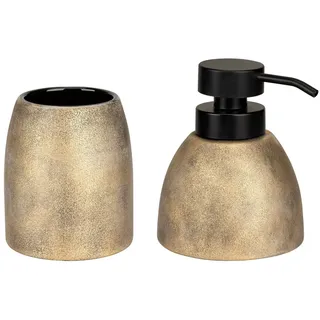 WENKO Badaccessoire-Set Tremea, Set, 2 tlg., bestehend aus Seifenspender und Zahnputzbecher, Keramik in bronze matt goldfarben
