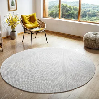 MY-RUG Wollteppich Rund 200 cm | handgewebter Wohnzimmer Teppich aus Wolle | pflegeleichter Naturteppich aus Schurwolle, wendbar, geeignet für Fußbodeheizung, Boho Stil | WoolHeaven Natur Weiß