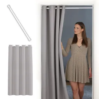 tinycurtains, Thermo Türvorhang mit Teleskopstange, einfache Montage in nur 1 Minute ohne Bohren (Türgardine hellgrau H200 x B150 cm + Stange weiß B70-120 cm)
