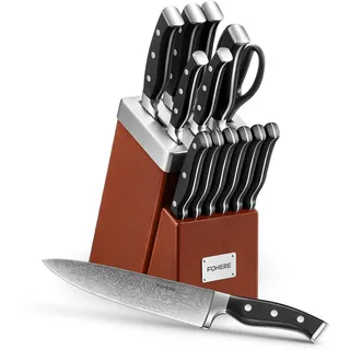 Messerblock mit Messer, FOHERE Selbstschärfender Messerblock, 14-teilige, Edelstahl Messerset mit Block, Profi Küchenmesser Set mit Ergonomischem Griff, Rotbraun