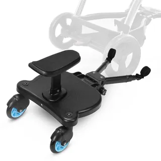 Jaxguom Buggy Board mit Sitz, Kiddy Board für Kinderwagen, Universal Trittbrett mit abnehmbarem Sitz, 360 Grad Doppelrad, verstellbar, bis 25 kg, Blau