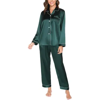Reliwel Satin Schlafanzug Damen Langarm Pyjama Set mit Knopfleiste V-Ausschnitt Zweiteiliger Nachtwäsche Weiche Seiden Pyjamas Klassische Loungewear Hausanzug Pjs Grün-A, S - S