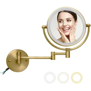 LEDOOLE Make-up-Spiegel, Wandmontage, beleuchtet, 10-fache Vergrößerung, fest verdrahtet, doppelseitig, 3 Farben, Touch-Dimmung, 360° drehbarer verlängerter Arm, Rasierspiegel für Badezimmer, antikes